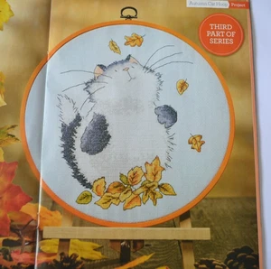 Cross Stitch Chart Only - Margaret Sherry Seasonal Hoop Cat Among Autumn Leaves - Picture 1 of 1