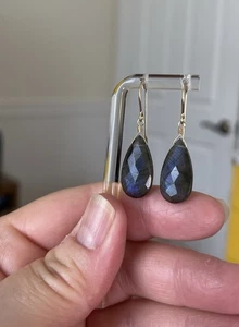 Labradorite Earrings Natural Briolette 14K Gold Filled Blue Flash BoHo - Picture 1 of 7