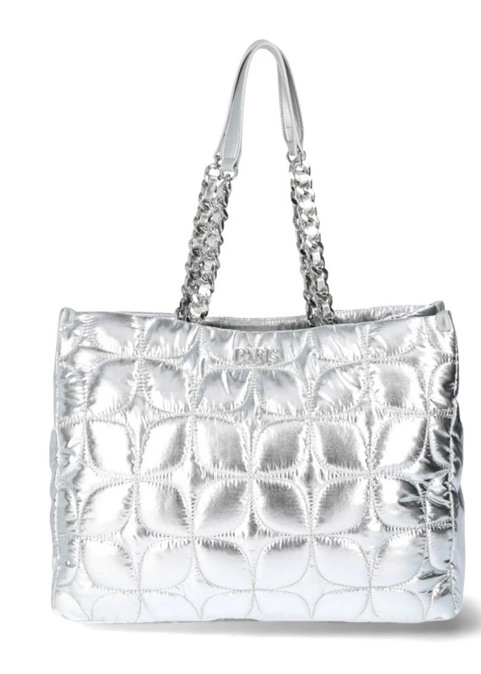 Bolso de Mano Paris Hilton Carson Acolchado de Nylon, Plateado con Cartera Steve Madden a Juego Foto 1 de 4