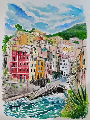 Pintura Original de Edificio Cinque Terre, Acuarela Gouache Brillo Papel Arte Foto 1 de 4