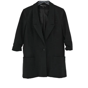 ELIZABETH AND JAMES Blazer Womens Sz 8 Black Ruched Sleeve Single Button Pockets - Picture 1 of 15