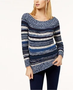 INC International Concepts Off-The-Shoulder Sweater Berry Blue Striped S - Picture 1 of 2