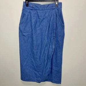 Vintage 90s LL Bean Jean Wrap Skirt Cotton Denim Size 12 High Rise Pleat Pencil - Picture 1 of 7