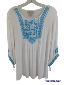 Chloe June Size S Rayon Tunic Crinkle Embroidered Pullover Blouse Peasant Hippie - Picture 1 of 8