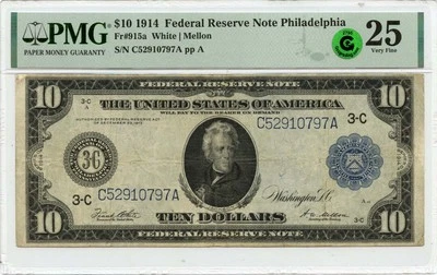 1914 $10 FRN Philadelphia PA Fr# 915a PMG VF25 GCC Green - Image 1 of 2