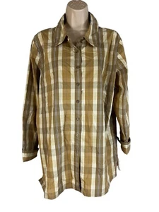 Denim and Co Plaid Button Up Shirt Size L Tan Ivory Purple Plaid Long Sleeve EUC - Picture 1 of 6