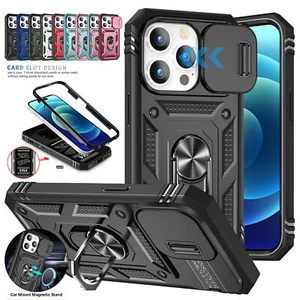 For iPhone 16 15 14 13 12 Pro Max Card Ring Stand Slide Camera Shockproof Case - Picture 1 of 107