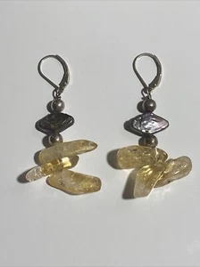 Polished Rough Citrine And Abalone Sterling Silver Earrings Pierced - Picture 1 of 12