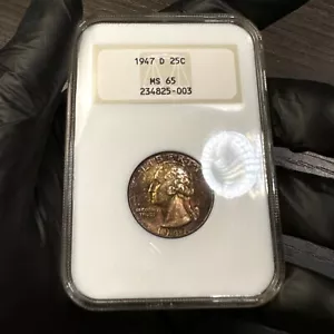 MS65 1947-D 25C Washington Silver Quarter, NGC- Old Fatty Holder, Toned - Picture 1 of 6