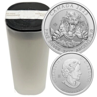 Rollo de 14 - 2023 Ice Age Series Smilodon Sabre-Tooth Cat 2 oz .9999 plata fina Foto 1 de 4