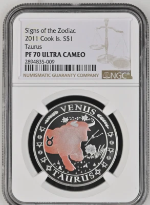 1 DOLLAR 2011 COOK ISLANDS ZODIAC SIGNS TAURUS SILVER PROOF RARE NGC PF70 - Image 1 of 4