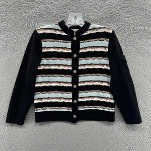 St John Cardigan Women 4 Black Striped Marie Gray Long Sleeve Knit Button Up - Picture 1 of 12