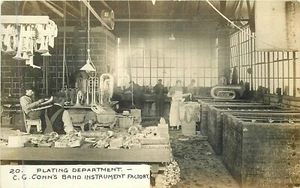 ELKHART INDIANA C.G. CONN'S BAND INSTRUMENT FACTORY PLATING DEPARTMENT RPPC P/C - Picture 1 of 2