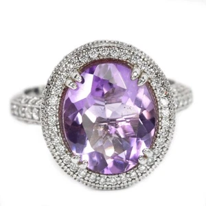 ARGENTO 925 AMETISTA VIOLA NATURALE OVALE 12X10 MM. & ANELLO ZIRCONI BIANCHI 7,25 - Foto 1 di 6