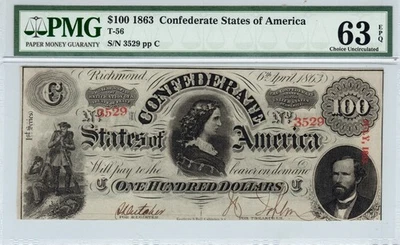 T-56 PF-1 1862 $100 Confederate Paper Money - PMG Choice Uncirculated 63 EPQ! - Image 1 of 2
