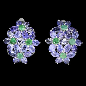 925 Pendientes de Plata de Ley Ovalado Tanzanita Esmeralda Gema Natural Joyería - Imagen 1 de 14