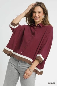 Umgee Colorblock Button-Down Shirt with Scallop Hem - Picture 1 of 6