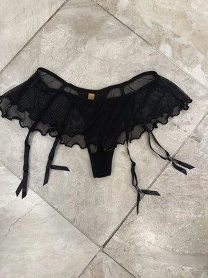 Donna L’orèn Gold Label Black Mesh Thong w/ Garter Belt Y2K Size Medium Stretchy - Image 1 of 3