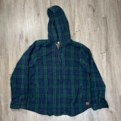 LL Bean Women's Scotch Plaid Flannel Large Relaxed Full Zip Hoodie Green Blue - Image 1 of 4