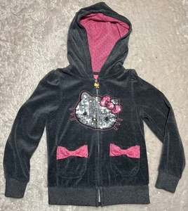 HELLO KITTY Girls Size 5 Gray Zip Up Sequin Fleece Hooded Jacket Cotton Poly - Picture 1 of 10
