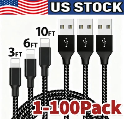 Cable USB Trenzado para iPhone 5 6 7 8 11 12 XR X Lote Cargador Rápido Cable de Carga Foto 1 de 4