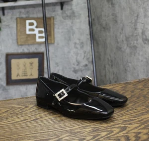 On 34th Womens Saadet Rhinestone-Buckle Mary Jane Flats Black Patent 5.5M - Picture 1 of 9