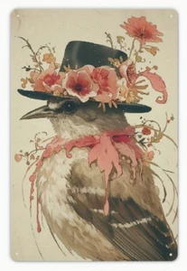 ARTE DE METAL - Pájaro clásico en arte de pared sombrero vintage - 8x12 pájaro caprichoso y floral - Imagen 1 de 4