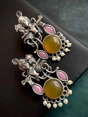 Серьги индийские этнические окисленные серебристые радха кришна заявление жемчуг восхождение - Изображение 1 из 3