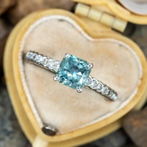 Antique Engagement Ring 1.50 Ct Radiant Cut Aqua Simulated 14K White Gold Plated - Picture 1 of 5