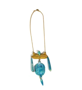 Antique Egyptian Faience Pottery Blue Scarab Beetle Sphinx Necklace 17" - Picture 1 of 7