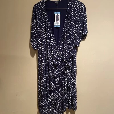 Nicole Miller Original Ladies Faux Wrap Dress Blue Polka Dot 3XL Women’s Rayon - Image 1 of 4
