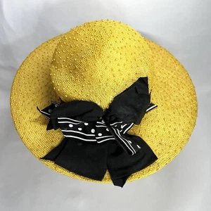 Vintage Sonni San Francisco Straw Yellow Sun Hat Black Ribbon Derby Church Wide - Picture 1 of 11