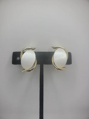 Vintage Clip On Earrings Gold Tone White Stone Jewelry Costume - Image 1 of 4