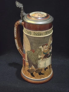 Antique German Inlaid Lidded Beer Stein .05 L with Pub Scenes - Picture 1 of 20