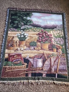 Woven Tapestry Spring Garden Gardener Throw Blanket Fringe 54"x46" Floral Bench - Picture 1 of 8