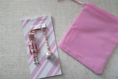 NWT BETSEY JOHNSON Pink NUTCRAKER Pearl XMas DANGLE Mismatch EARRINGS + POUCH - Image 1 of 4