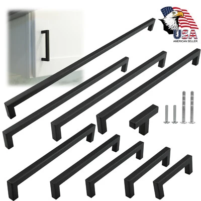 Matte Black Square Modern Cabinet Handles Pulls Kitchen Drawer Stainless Steel - Image 1 of 4