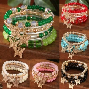 UK Fashion Jewelry Women 4Pcs Boho Crystal Butterfly Beads Bangle Bracelet Set - Picture 1 of 15