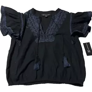 INC International Concepts Women's Black Split Neck Short Sleeve Blouse Top XS - Picture 1 of 6