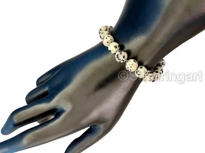 WOMENS BEADS BRACELET NATURAL DALMATIAN JASPER ELASTIC BAND GIFT MENS BRACELET - Picture 1 of 5