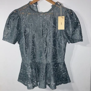 Peach Womens Size L Large Blue Lace Round Neck Short Sleeve Blouse NWT NEW - Picture 1 of 5