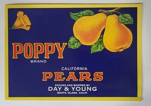 ADVERTISING Label Santa Clara Watsonville Poppy Pears  Day Young - Picture 1 of 1