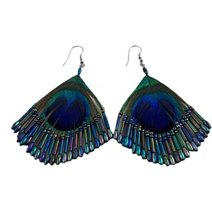 PEACOCK FEATHER BEADED EARRINGS AURORA BOREALIS 80's VINTAGE - Picture 1 of 7