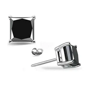 Princess Black Austrian Zircon 5mm Stud Earrings 14k White Gold over 925 SS - Picture 1 of 8