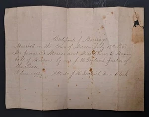 1867 Certificato di matrimonio scritto a mano James Messer a Elvira Maxim Moscow Maine - Foto 1 di 2