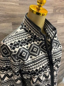 TALBOTS Full Zip Up Mock Neck Black/White Geometric Fleece Jacket Women's Size M - Picture 1 of 12