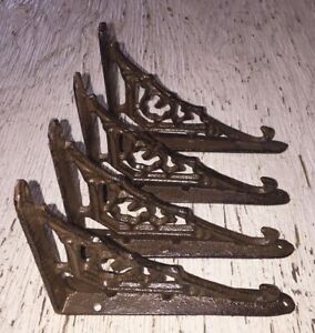 SET OF 4 CAST IRON GINGERBREAD BRACE SHELF BRACKETS antique brown patina finish
