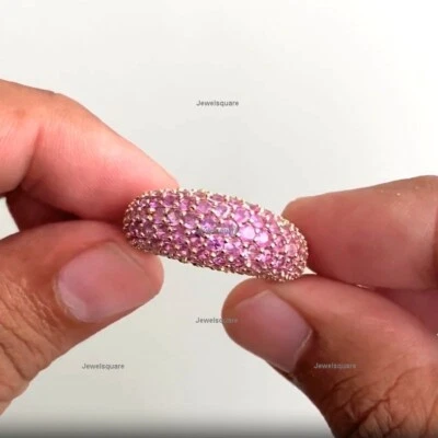 Anillo grueso grande de zafiro rosa real pavé, joyería hecha a mano de oro amarillo macizo de 14 k Foto 1 de 4