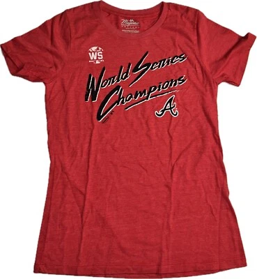 Atlanta Braves Women’s Size L Majestic Threads 21’ World Series Champion Red Tee - Image 1 of 4