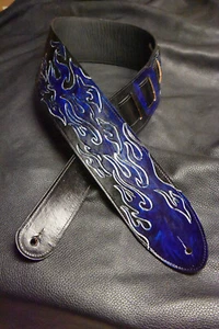 Guitar strap leather tooled all hand made in the USA "Ghost Flame" 3.5" or 4" - Picture 1 of 20